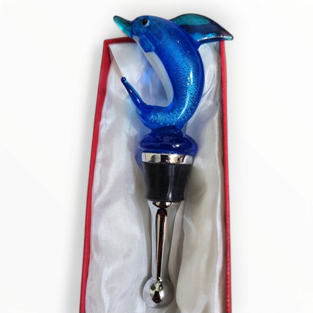 Blown Art Glass Blue Dolphin Wine Bottle Stopper